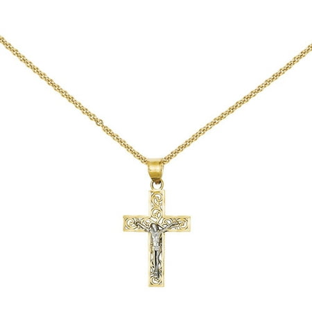 14kt Two-Tone D/C Small Block Filigree Cross with Crucifix Pendant
