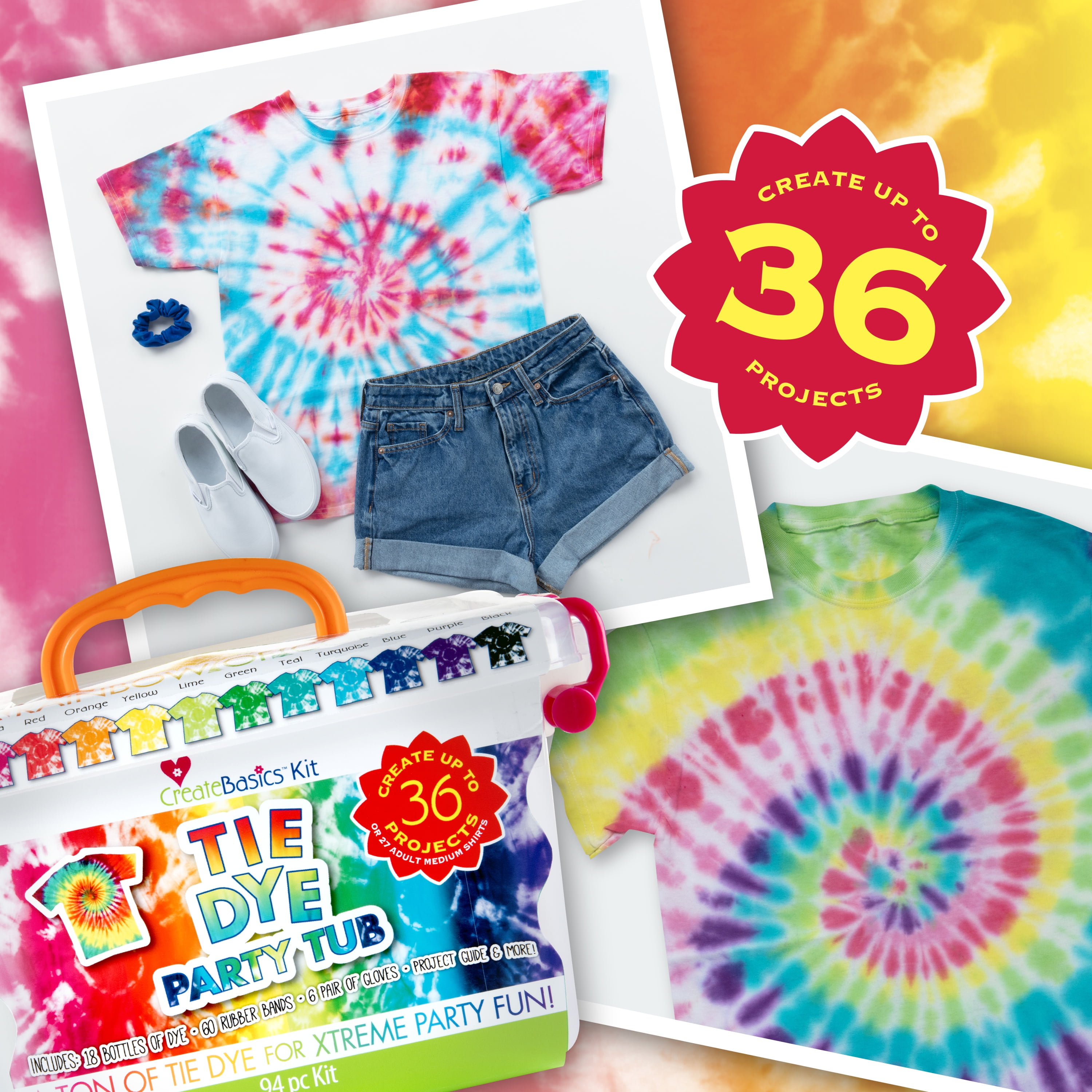 Create Basics Tie Dye Party Tub with 18 Pre-Filled Bottles, Dye Refill Packs and Accessories