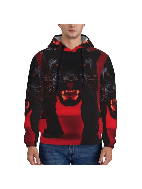 Black Panther Red Background Pattern Men's Adult Pullover Hoodie,Hooded Sweatshirt-3X-Large