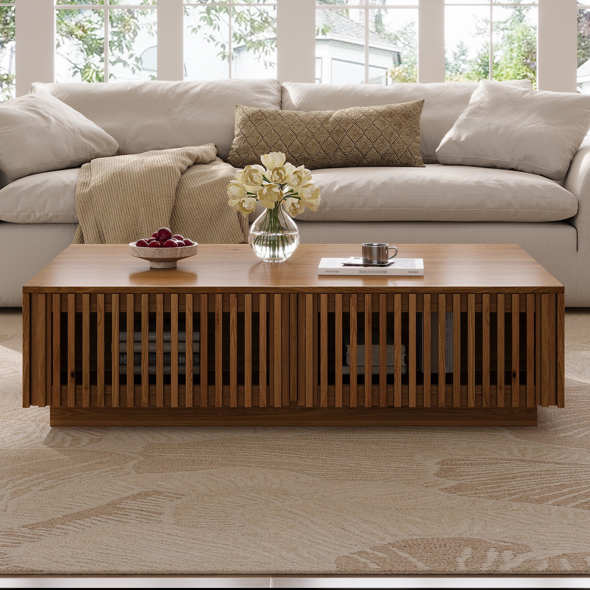 LHKJ Mid-Century Solid Wood Coffee Table with Slatted Storage Drawers Rectangular Low Profile
