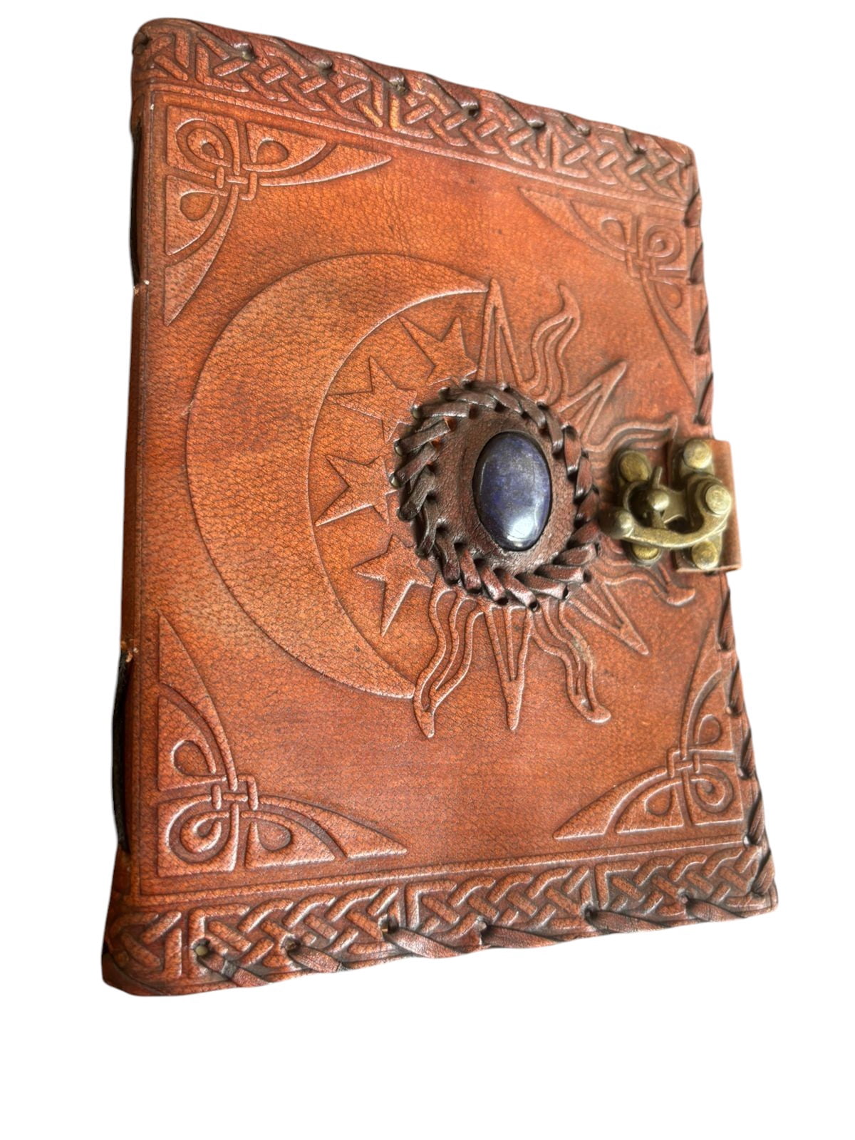 Handmade Leather Sun & Moon Journal with Stone Closure, Embossed Cover, White Drawing Pages, Vintage Diary 5x7 Inch