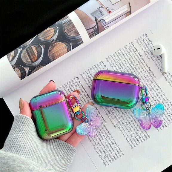 For Apple AirPods Pro 3 2/1 Gradient Laser Soft Case Cover Protective Skin With Butterfly Pendant & Long Chain