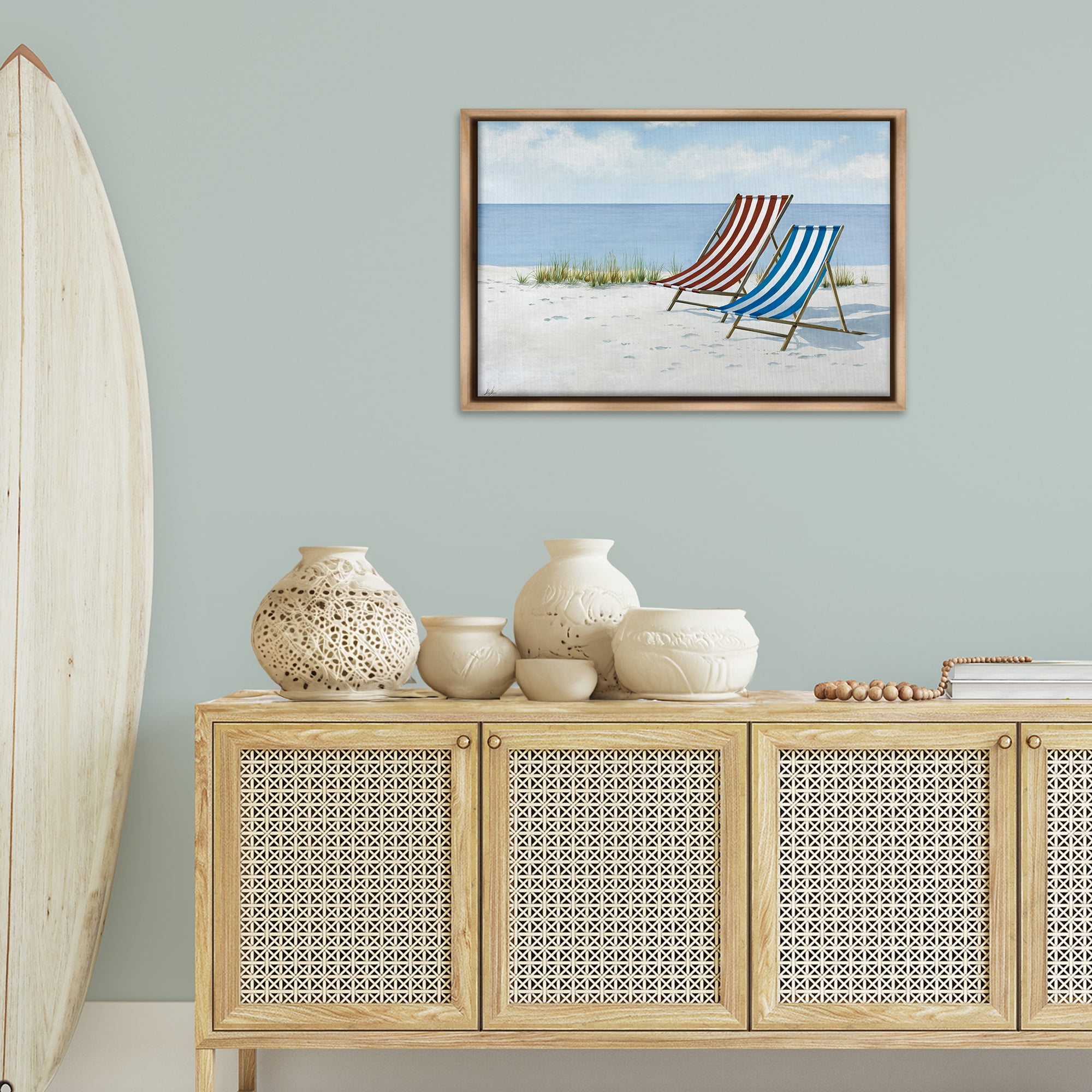 Stupell Industries Serene Beach Chairs Landscape Painting Brown Floater Framed Canvas Art Print Wall Art, 31 x 21