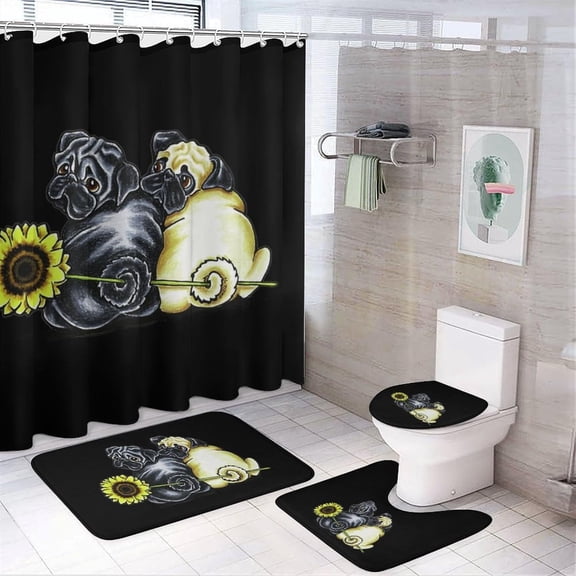 Sunflower Pugs 4Pcs Shower Curtain Set Washable Bathroom Sets with Toilet Lid Cover and Non-Slip Rug Bath Accessories Decor