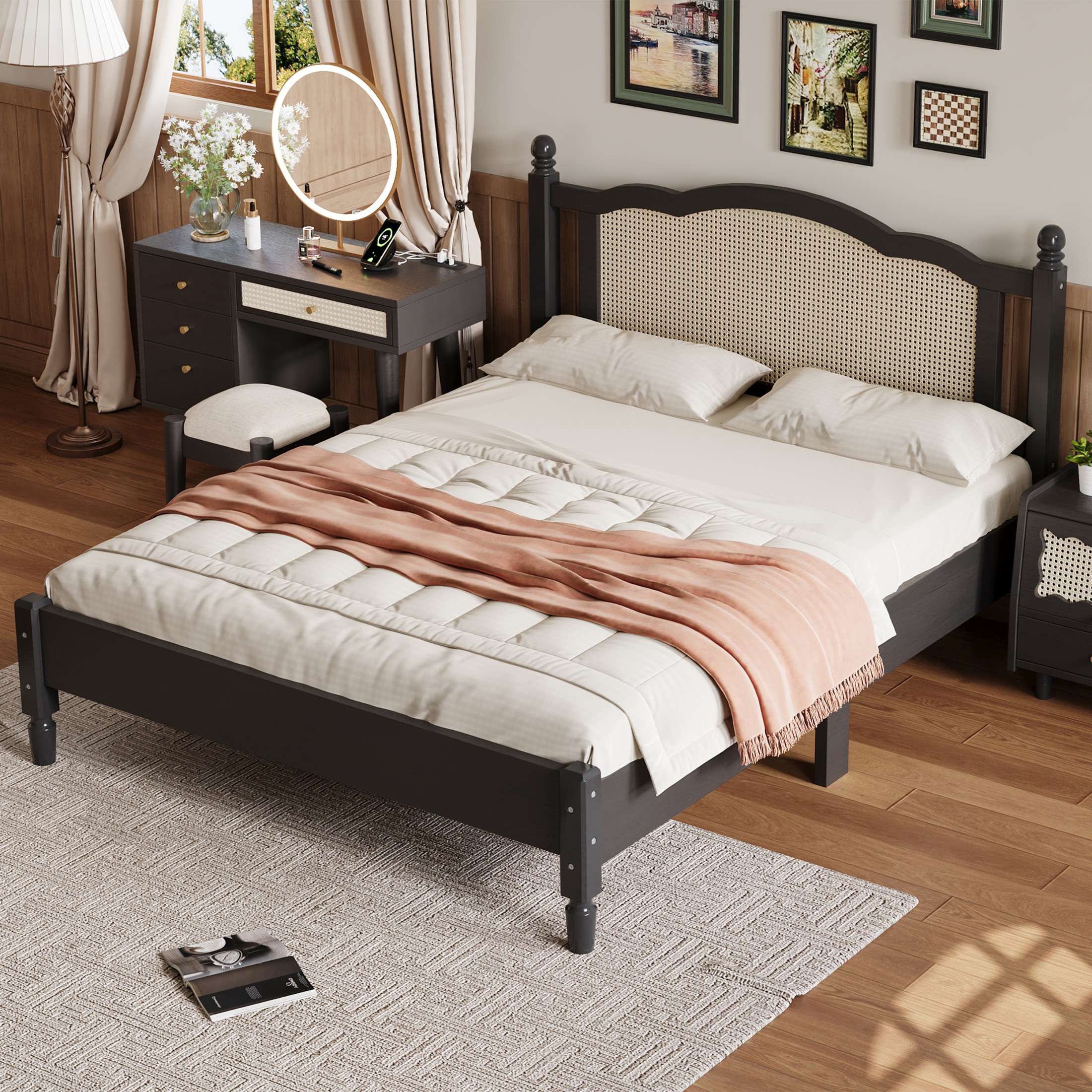 Noble House Queen Size Wooden Platform Bed with Natural Rattan Headboard,Wooden Slat Support,Black