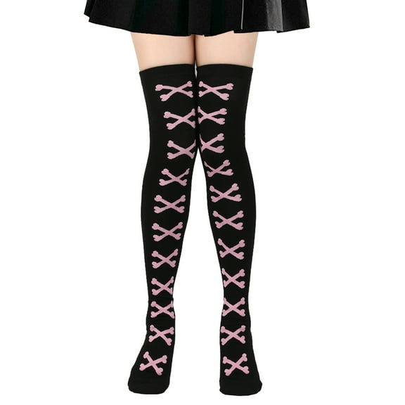Zhuge 3 pairs Halloween Over Knee Long Stockings, Cosplay Festival Costume Socks with Festive Style ，Black and Pink bone
