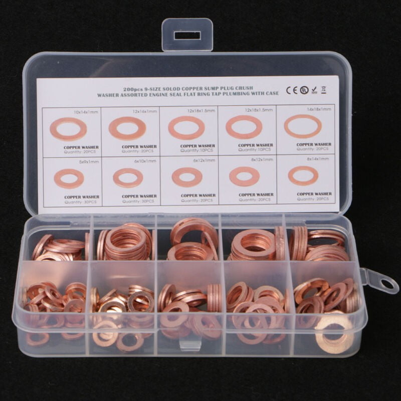 200pc Kit Assorted Solid Copper Crush Washers Seal Flat Ring Gasket Set Durable 