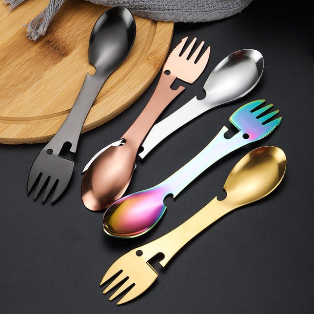 Vajilla multifuncional para acampar Abrelatas de acero inoxidable para acampar Cuchara Tenedor Cuchillo y abridor de botellas Vajilla multifuncional para acampar y hacer caminatas utensilios para acam