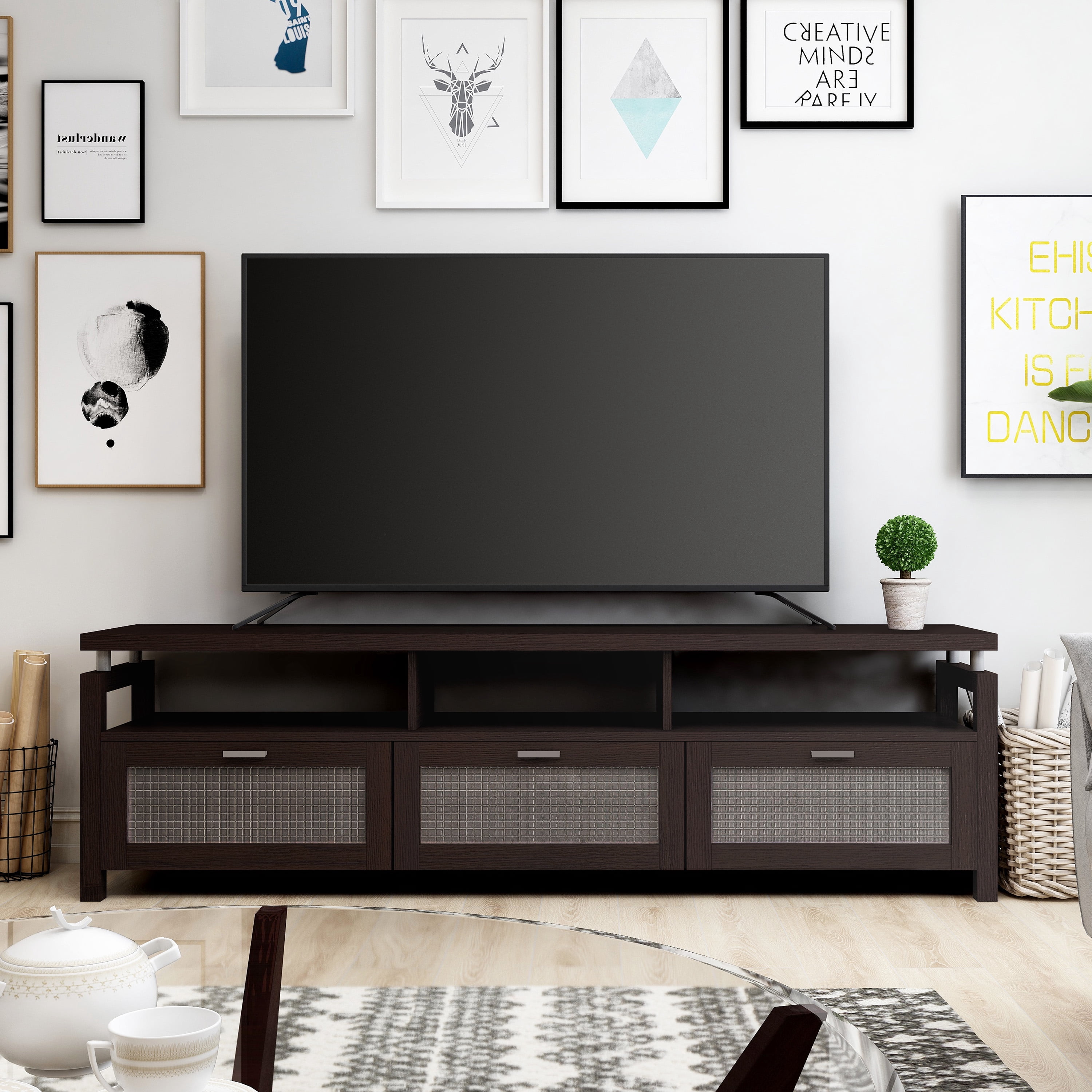 Elm Wood 3-Cabinet TV Stand Console, Espresso
