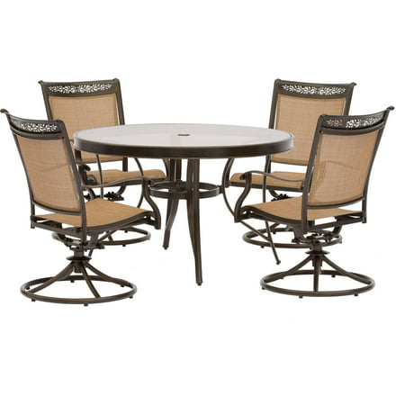 Hanover Fontana 5-Piece Dining Set with Four Sling Swivel Rockers a 47 in. Glass-Top Dining Table a 9 Ft. Umbrella and Stand-Style with Four Sling Swivel Rockers and 47 in. Glass-Top Dining Table