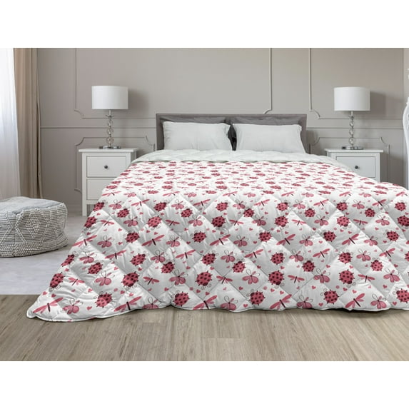 Ladybugs Down Alternative Comforter, Curving Flower Design Ladybugs and Retro Animals Theme Curlicue Swirls, Microfiber Quilt for All Season, 5 Sizes, Pale Green and Pink, by Ambesonne