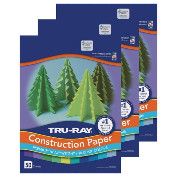 Tru-Ray Construction Paper, Heavyweight, Cool Assorted, 12" x 18", 50 Sheets Per Pack, 3 Packs