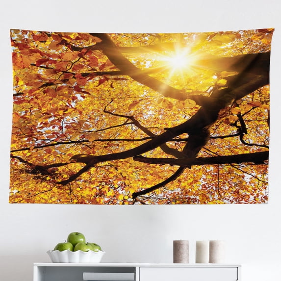 Forest Tapestry, Vibrant Summer Season Above Oaks Rural Angle Freshness Sky Panorama Art Photography, Fabric Wall Hanging Decor for Bedroom Living Room Dorm, 2 Sizes, Green Brown, by Ambesonne