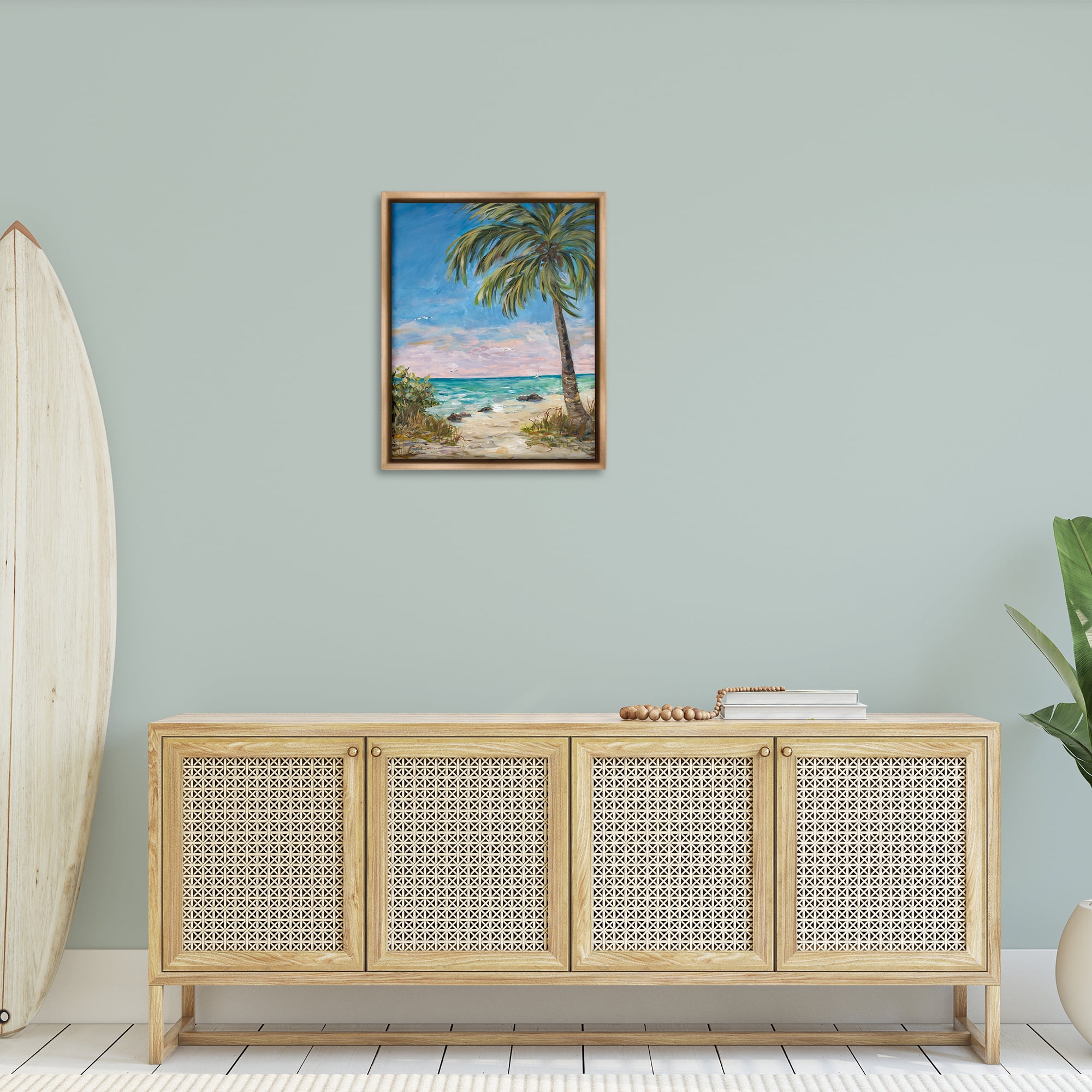 Stupell Industries By the Single Palm Coastal Painting Brown Floater Framed Canvas Art Print Wall Art, 25 x 31