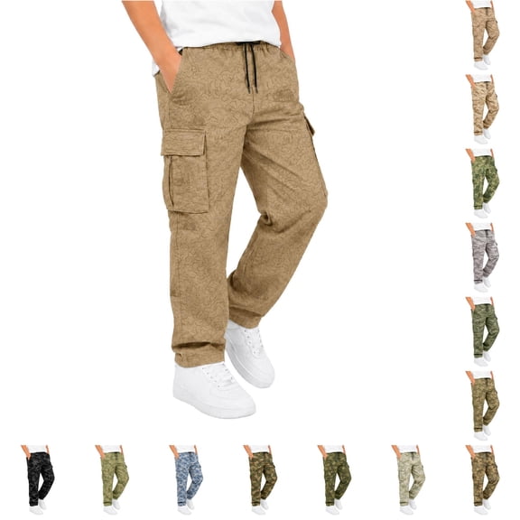 Boys Casual Print Cargo Pants With Pockets Long Trousers For Outdoor Play Daily Wear, d-Khaki, 13-14 Years