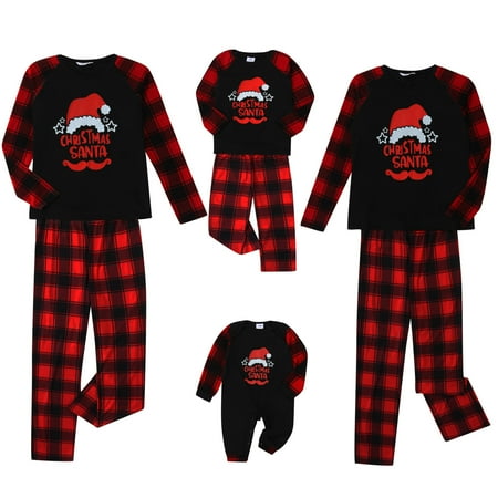 

QILINXUAN Christmas Family Pajamas Set Hat Print Tops+Plaid Trousers/Romper