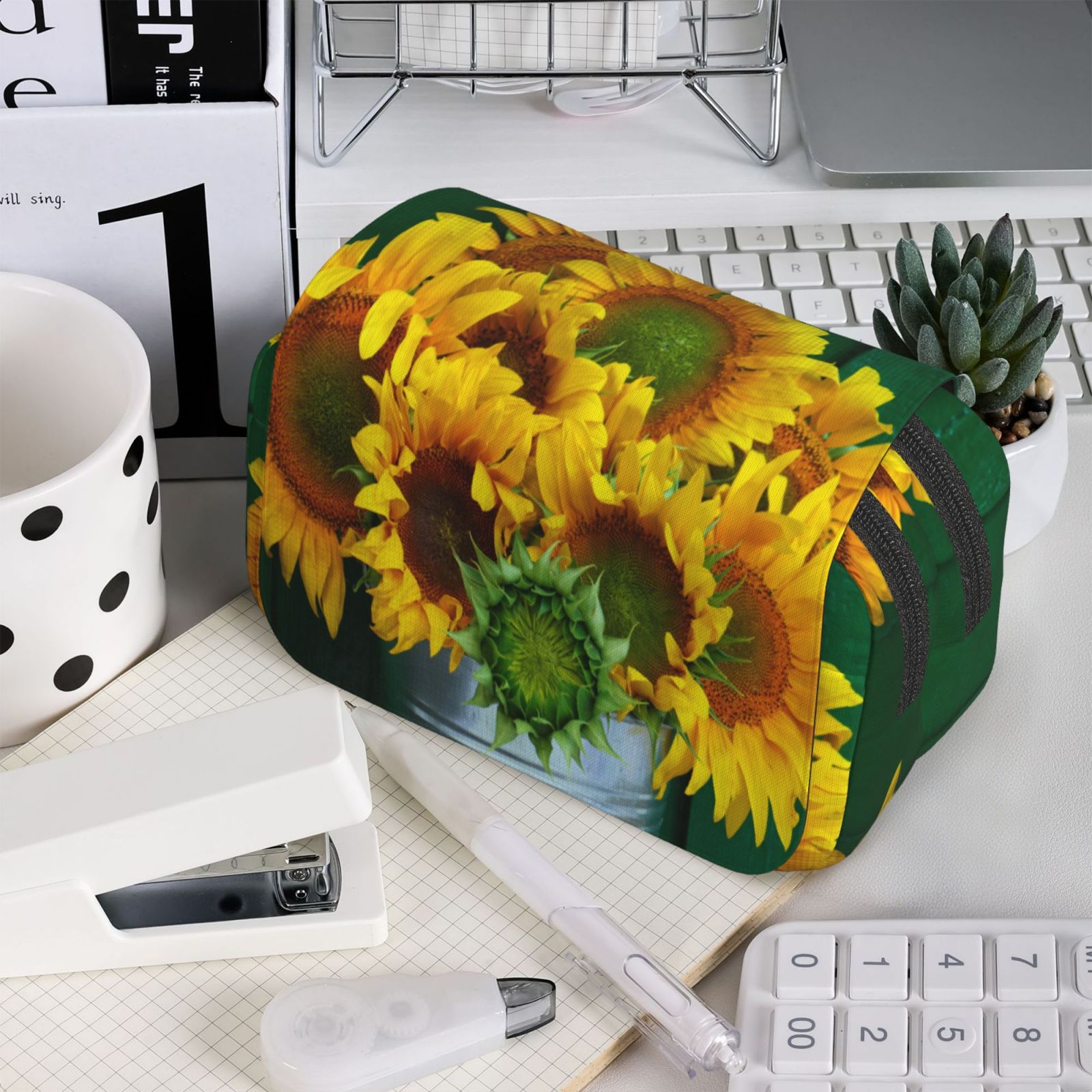 Rateoe Sunflowers in Bucket Pattern Double Clamshell Pen Case, Storage Organizer with Two Zipper Compartments– Holds Up to 50 Pencils & Pens