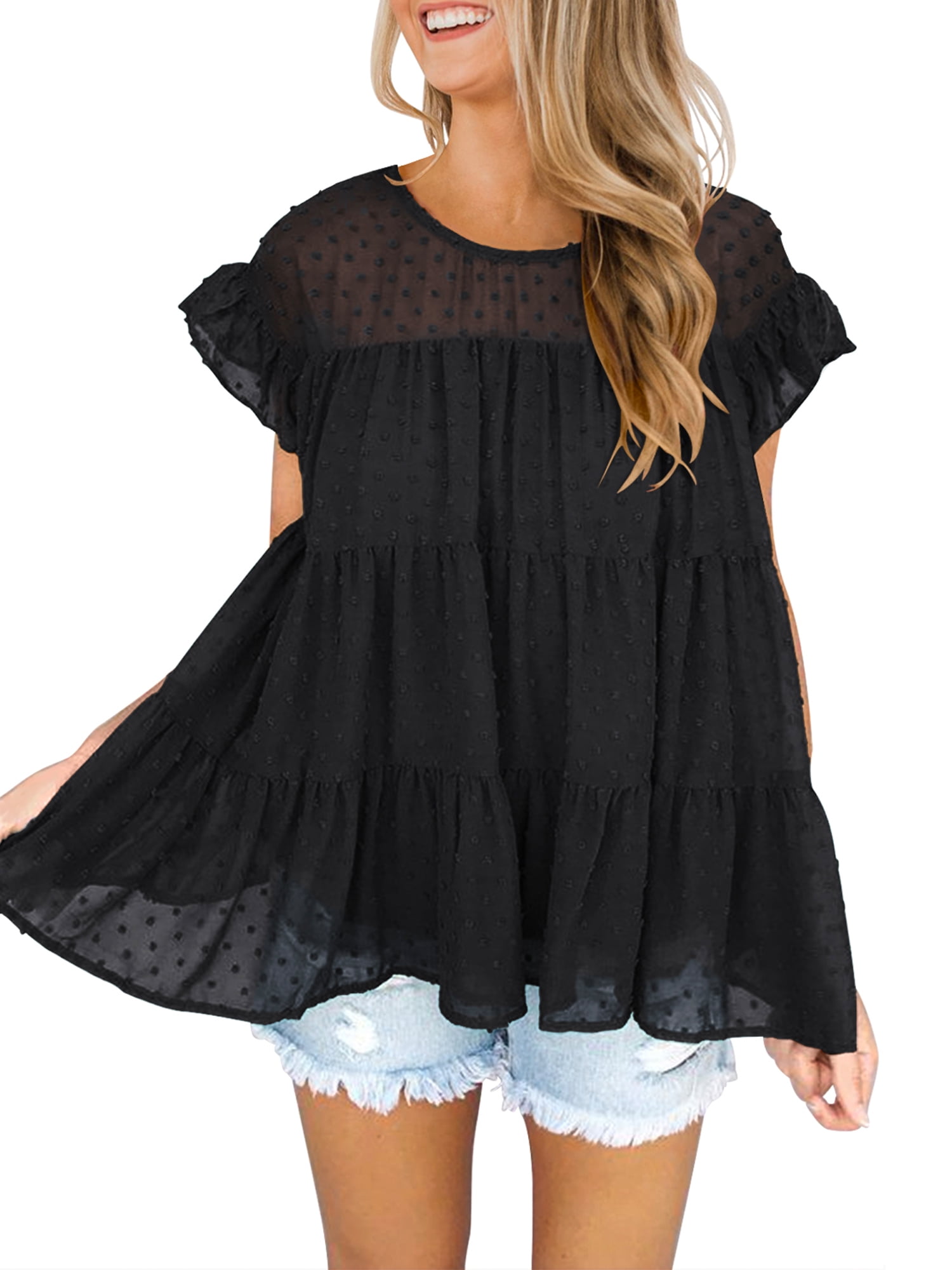 MIHOLL Womens Summer Babydoll Blouse Chiffon Swiss Dot Sleeveless Tunic