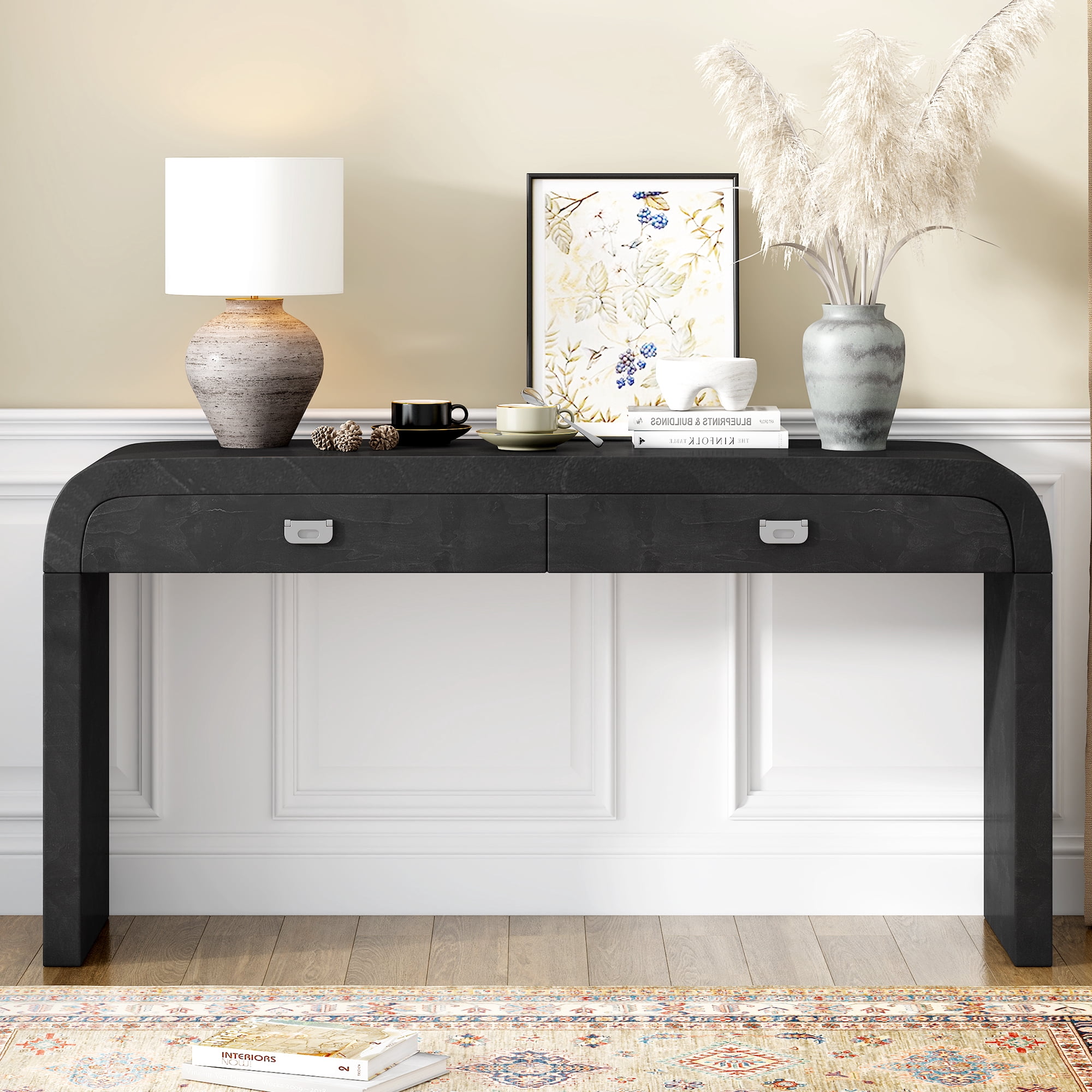 EUROCO 60" Entryway Console Table,Long Sofa Table with 2 Drawers and Burl Wood Veneer,Entry Way Table for Living Room, Hallway, Foyer,Black
