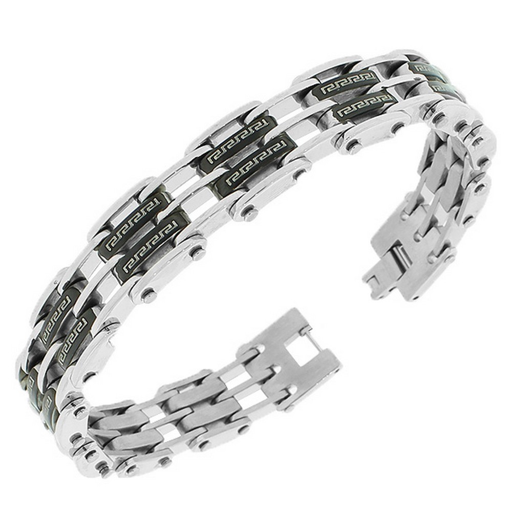 Stainless Steel Black SilverTone Link Chain Greek Key Men's Bracelet