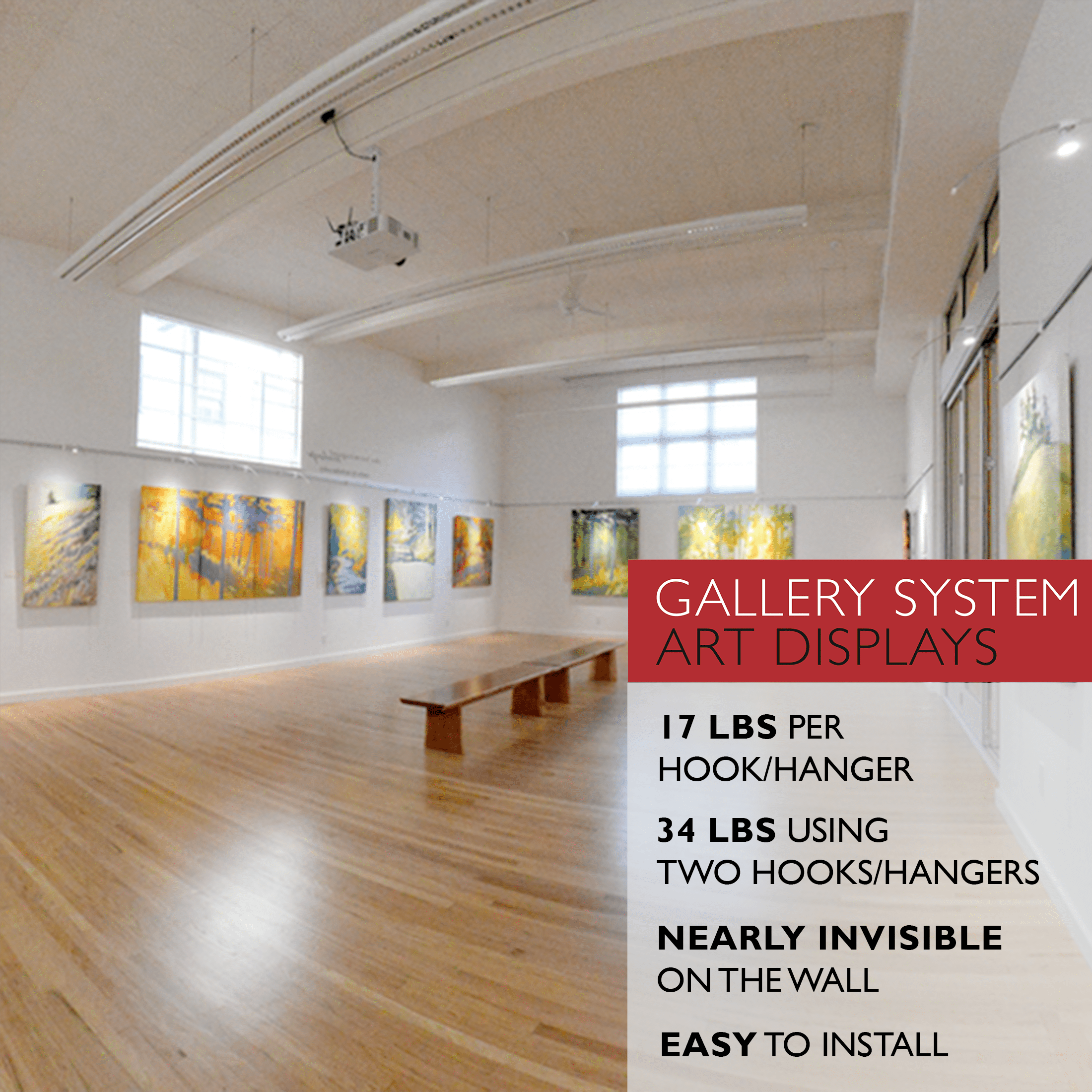 Gallery System Art Displays Original Gallery Pro Picture Hanging System, Discreet Wall Tracks, Art Hanging Kit Without Nails, 26 Ft, White Enamel Finish, 34 lb Maximum Load