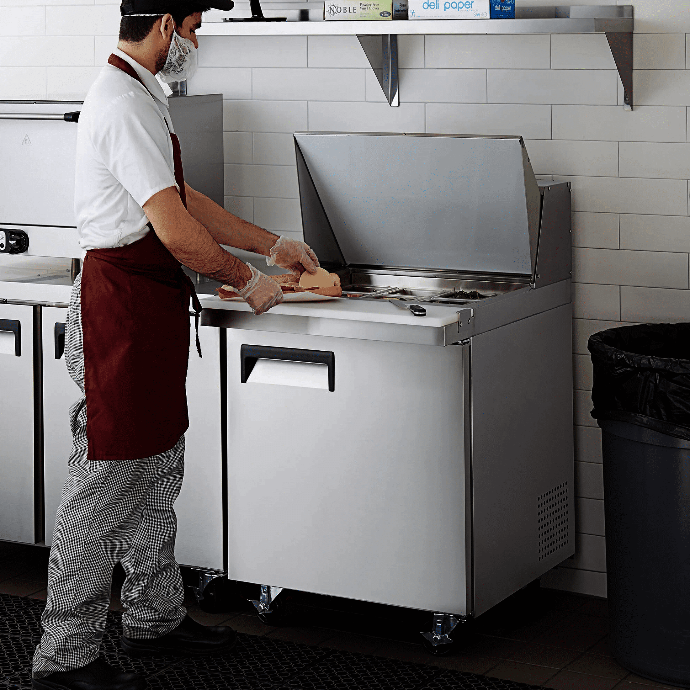 27 in. Commercial Sandwich Prep Table Refrigerator, 5.7 cu.ft., Stainless Steel Salad & Pizza Prep Station with 8 Pan Slots, Undercounter Fridge with Lid and Wheels