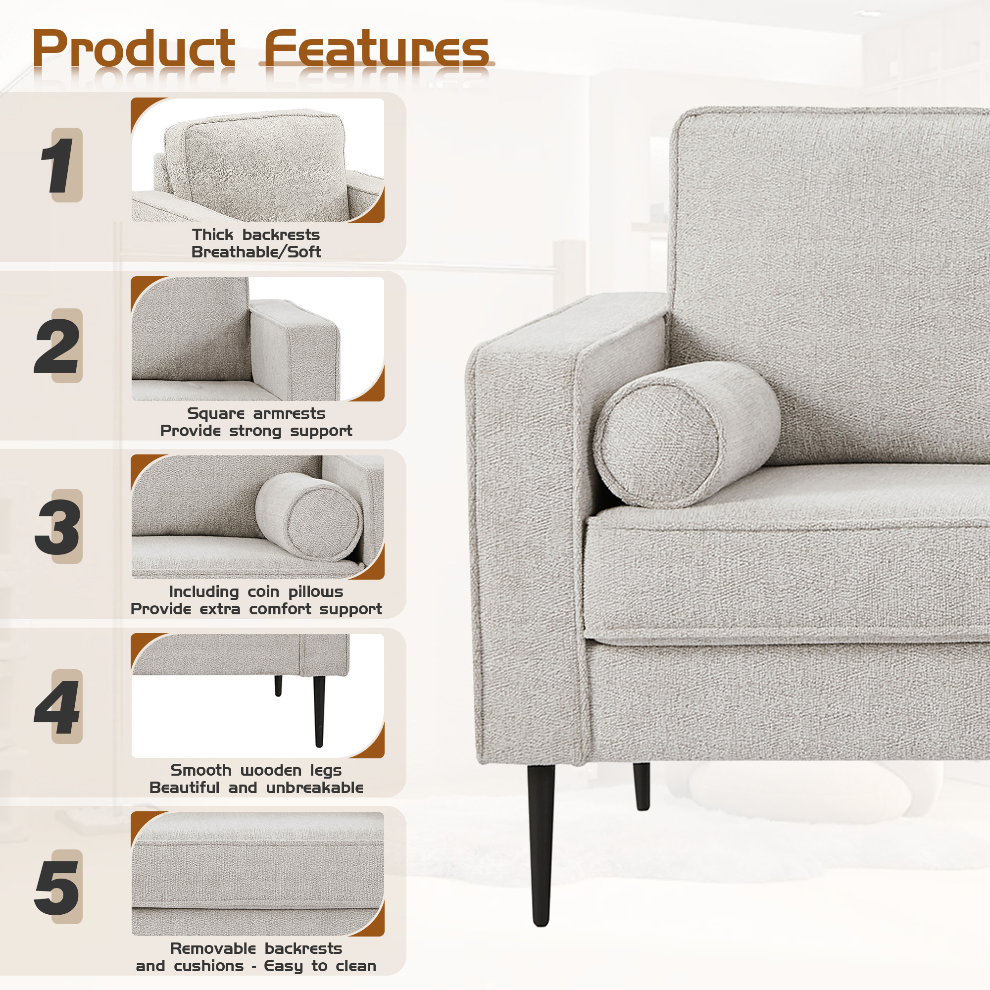 Muumblus 2 Pieces Living Room Sofa Set, Sofa and Loveseat Set, White Chenille