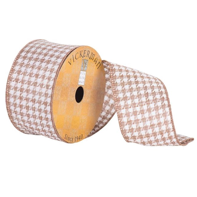 Vickerman Q170001 2.5 in. x 10 Yard Light Brown Houndstooth Wired Ribbon
