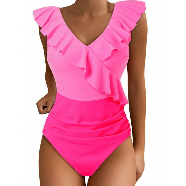 MHFRRA Womans Swimsuit Women's Swimsuits Cute Bathing Suit Ruffle V Neck Swimwear S