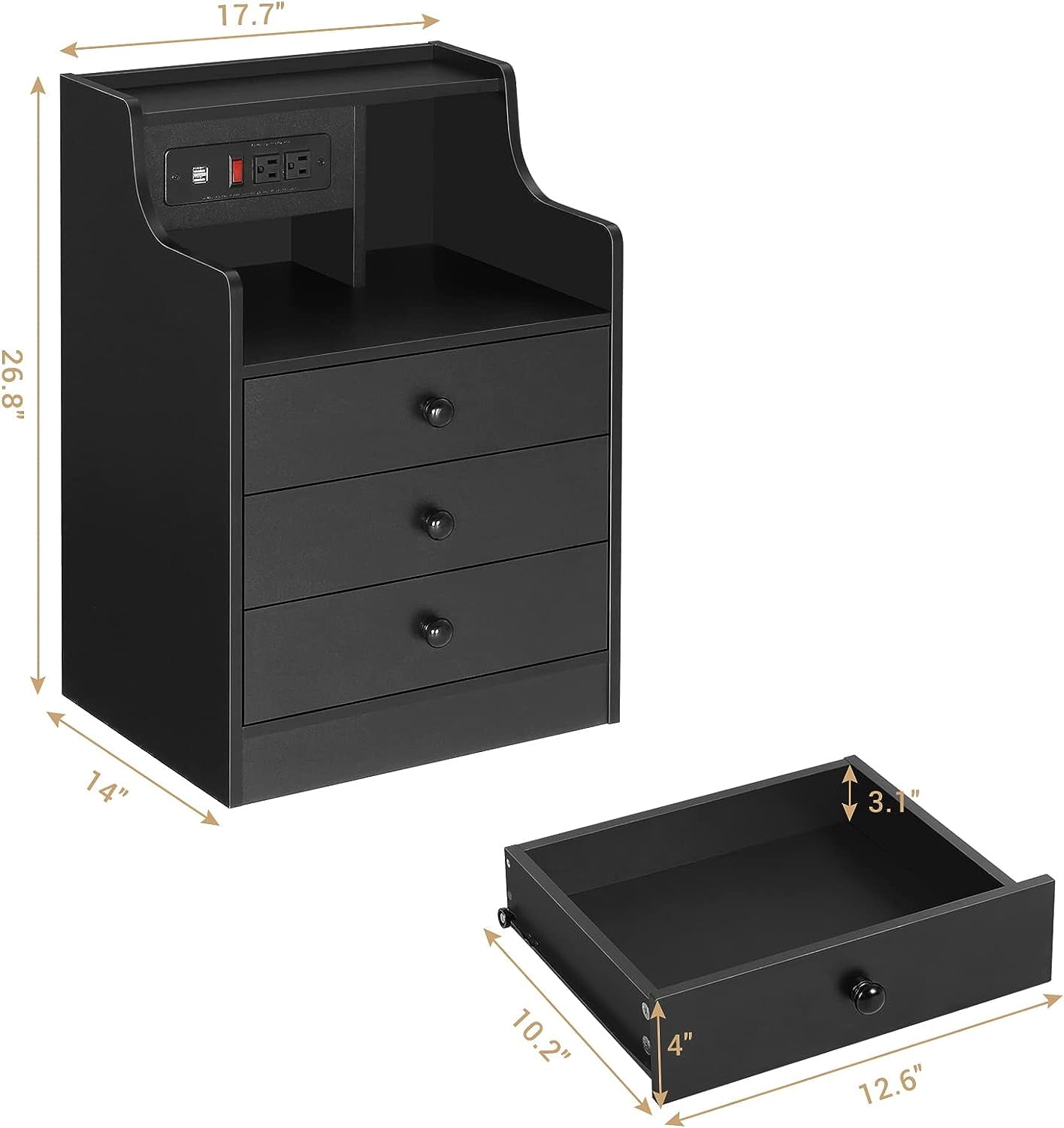 Black Nightstand with 3 Drawers & Hutch,Nightstand with Charging Station,USB Ports and Outlet,End Side Table Bedside Table
