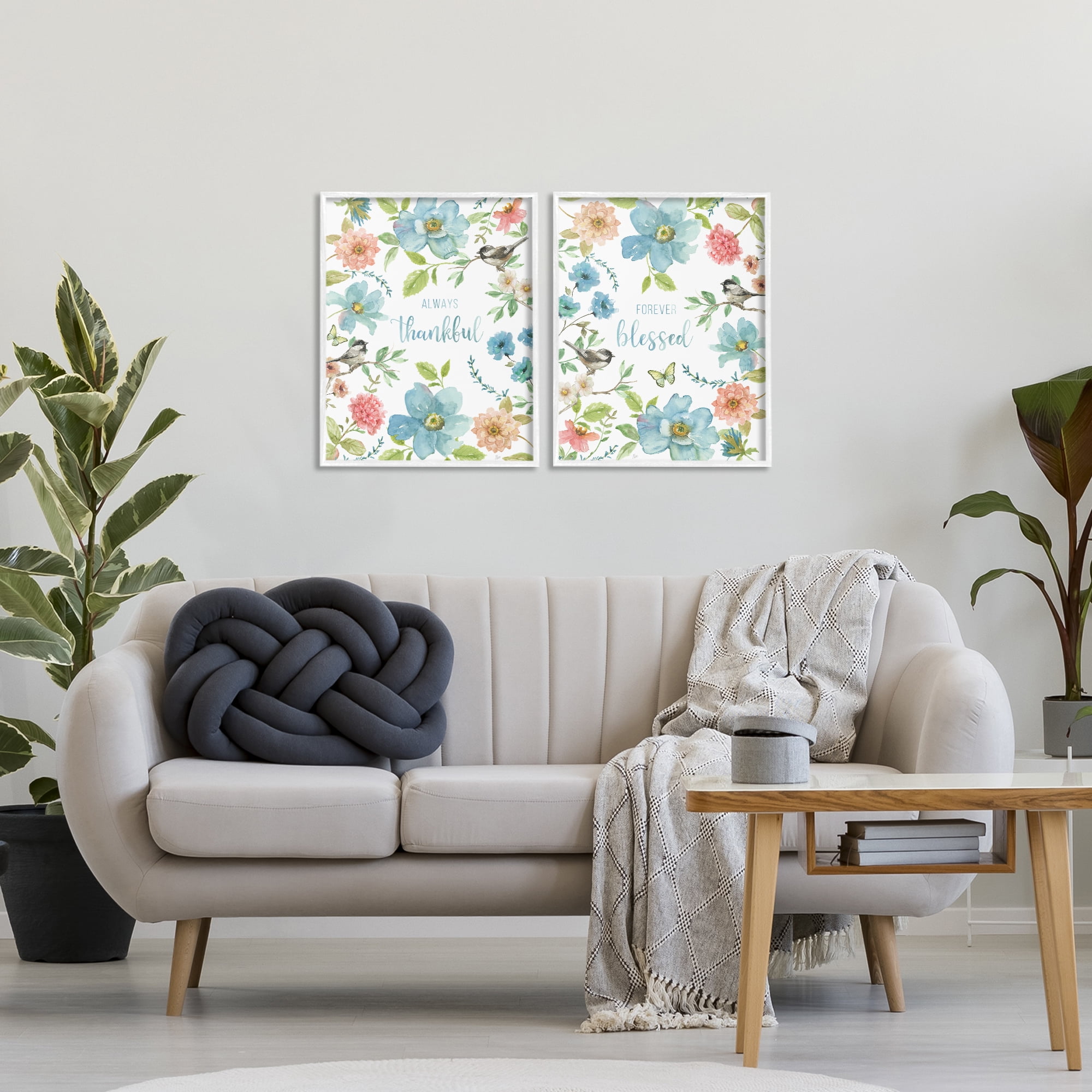 Stupell Industries Pink & Blue Gratitude Blooms 2 Piece White Framed Giclee Art Set, design by Nan