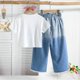 thumbnail image 5 of Conjuntos de blusa y camisa de cuello redondo y manga corta para niña, top rosa de verano y pantalones anchos de mezclilla degradados con lentejuelas de estrellas, vestido de algodón para niña de moda, 5 of 9