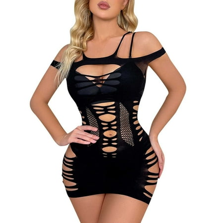 

TANGNADE Women Fishnet Jumpsuit Longsleeve Camisole Lingerie Nightgowns Chemise Nightwear Sleepwear