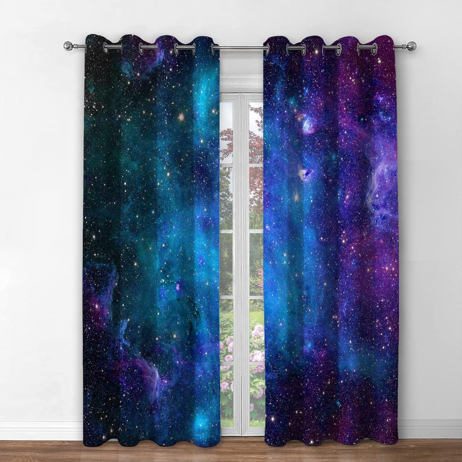 Galaxy Blackout Curtain Outer Space Nebula Universe Stars Starry Sky Night Dark Blue Printed Grommet Window Drapes Galaxy Decor for Kids Bedroom Living Room 2 Panel Set, 42"x63"