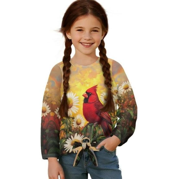 DISNIMO Cardinal Daisy Print Girls Long Sleeve Shirts Lace-up Crew Neck Tops Kids Casual Tee Soft Pullover Tops Loose Fit Tunic Blouses