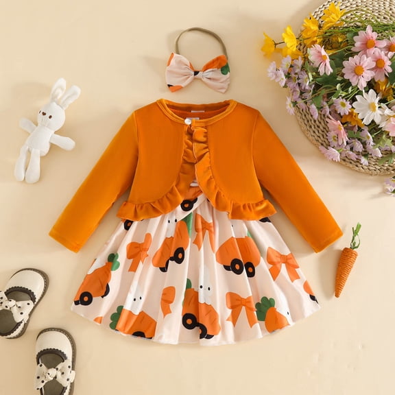 Baby Easter Outfit Girl Rabbit Print Dress with Long Sleeve Ruffle Coat and Headband 3Pcs Set Baby Girls' Clothing Sets Orange 9-12 Months