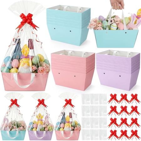 30 Pcs Basket for Gift Empty DIY Bulk Gift Basket Kit with Handle Kraft Cardboard Tray with 30 Bag 30 Bow Market Tray for Wedding Party(Pastel,9.8 x 6.7 x 4.3 in)