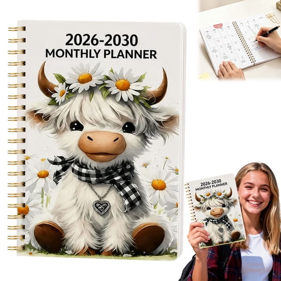 2026-2030 Monthly Planner - Cute Cow 5 Year Planner, Spiral-Bound Agenda Book with Floral Cover, Goal Tracking, Contacts & Notes for Academic, Work & Home Organization