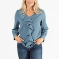 thumbnail image 2 of Howard's M/L Lapis Crinkle Crepe Asymmetrical V-Neck Ruffle Long Sleeve Blouse for Women, 2 of 4