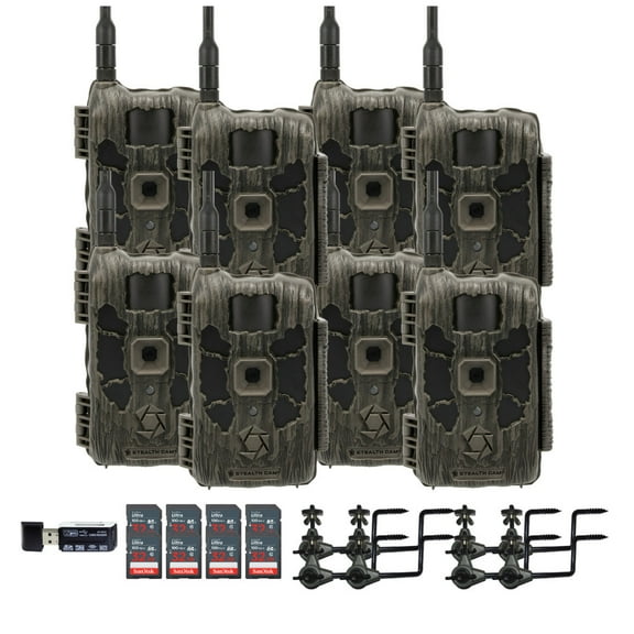 Stealth Cam 40MP Deceptor Max Cellular Trail Camera (2-Pack) x 4 Bundle with Economy Trail Camera Holder (8-Pack), 4-in-1 Card Reader, and 32GB Memory Card (8-Pack) (21 Items)