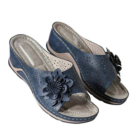Taqqpue Womens Sandals Slide Wedge Sandals Orthotic Arch Support Flower Sandals Comfortable Anti-Slip Open Toe Slippers Sandals Flip Flops for Women Dressy Summer Outdoor Beach Walking Shoes