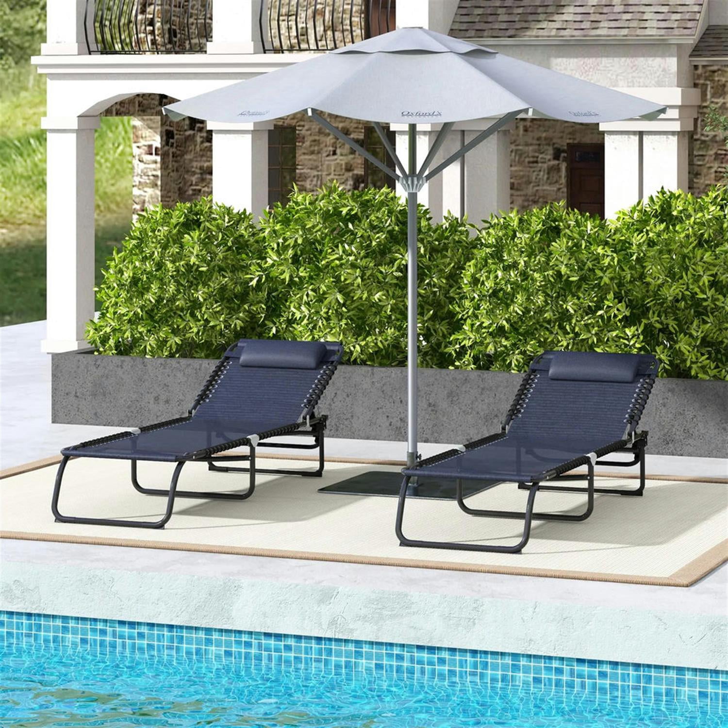 Demi Bonn Outdoor Folding Chaise Lounge Chairs Set of 2 with 4-Position Reclining Pillow-Back, Breathable Mesh Seat, Bungee for Pool, Beach, Patio, Navy