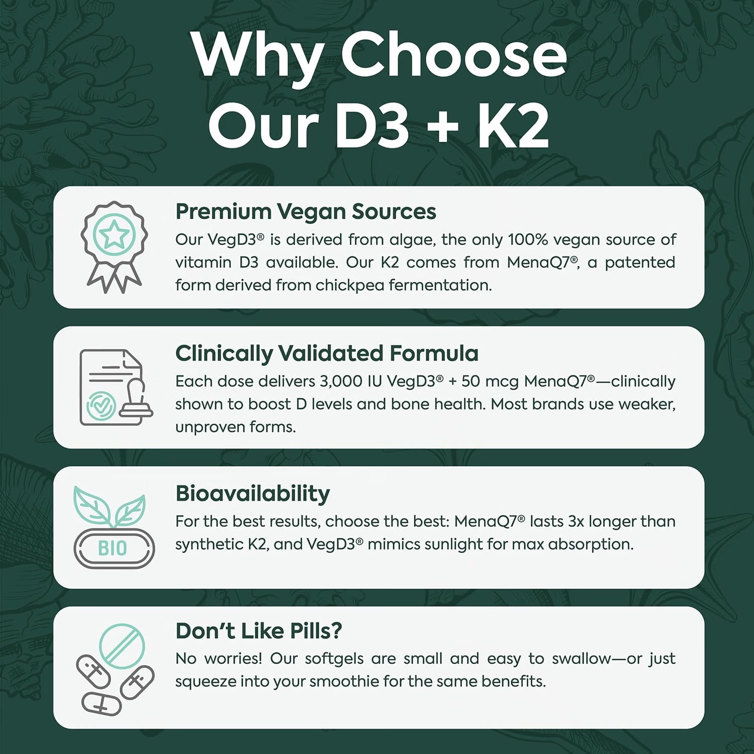 Organics Ocean Better D3 + K2 Supplement – Vitamin D3 3000 IU & K2 MK-7 – 30 Softgels – Bone, Immune & Calcium Support