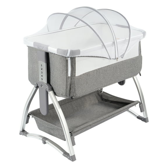 Signature Fitness Baby Cradle with Aluminum Frame and Cotton-Linen Fabric, Gray, Portable and Comfortable Infant Rocking Bassinet
