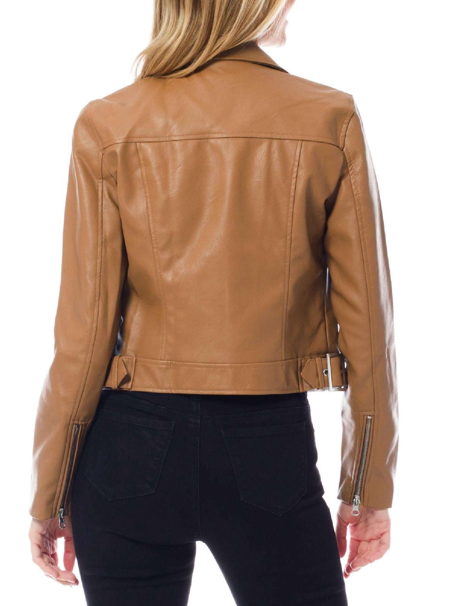 MixMatchy Women's Faux Leather Long Sleeve Zipper Closure Moto Biker Short Coat Jacket