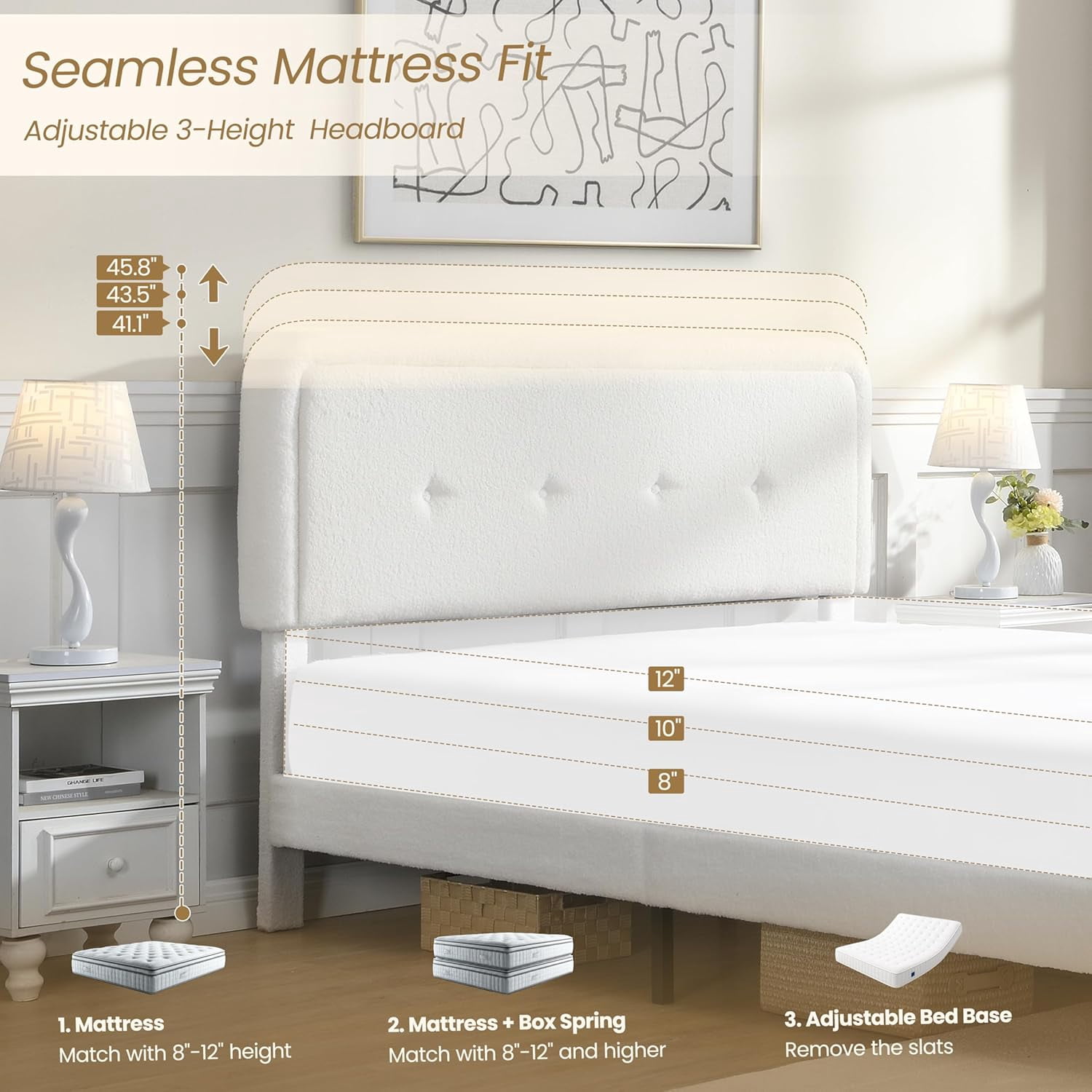 Queen Size Cloud Bed Frame with Adjustable Upholstered Headboard, Soft Boucle Upholstered Platform Bed Frame, Easy Assembly, 3 Adjustable Height