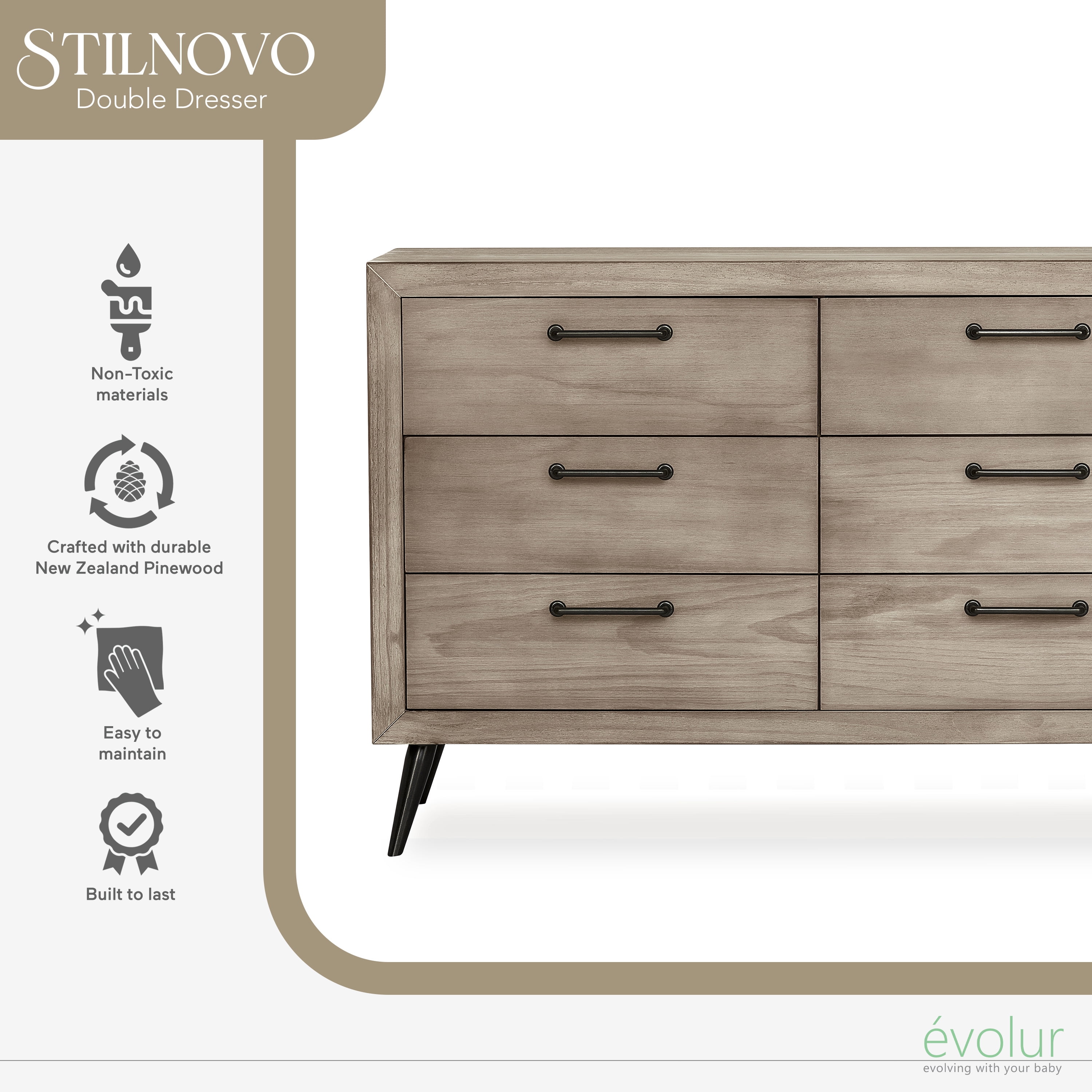 evolur Stilnovo Mid Century Double Dresser, Windsor Oak Grey