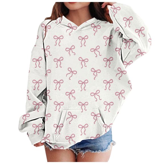 OYXSER Kids Girls Bow Print Hooded Sweatshirt Long Sleeve Pullover Top with Front Pocket Sweet Casual Style, Pink 4-5Y
