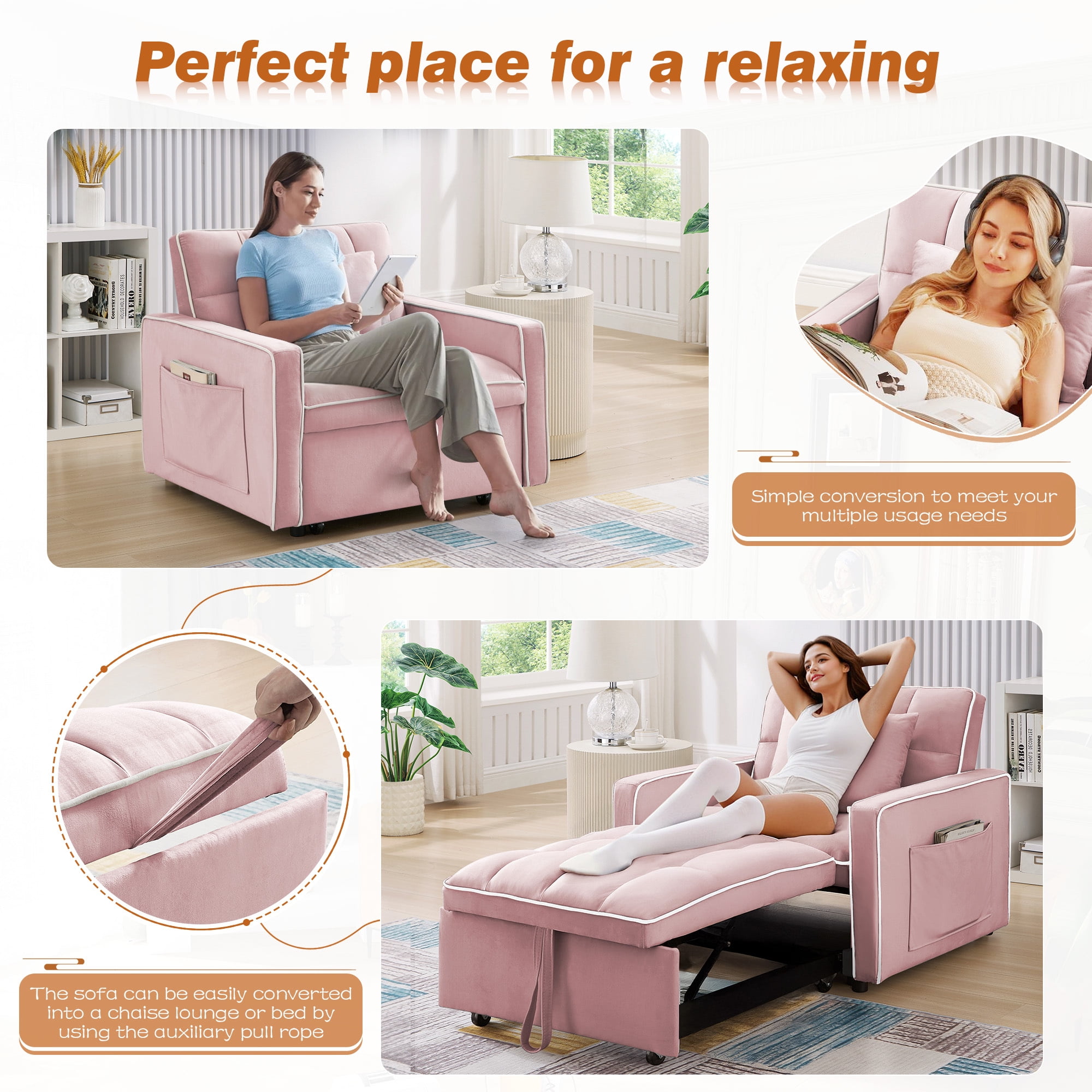 Dinosisco 4-in-1 Convertible Chair Bed, Sleeper Chair Lounge Chair Indoor, Modern Single Pull Out Couch for Living Room, Pink Velvet
