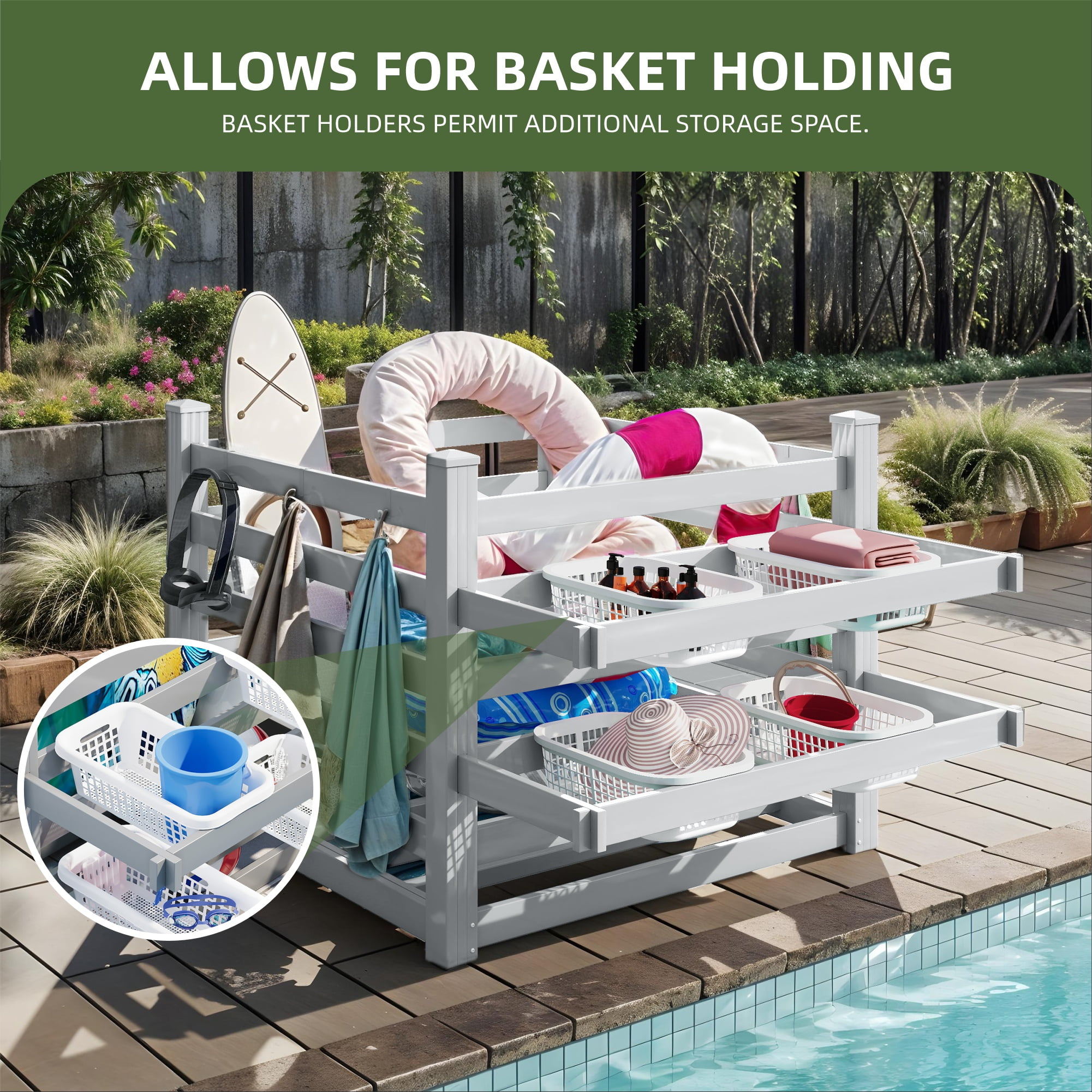 Uforic Outdoor Waterproof Storage Organizer with 6 Hooks, Pool Deck Box, Patio Bin, 64"W x 47"L x39"H, Light Gray